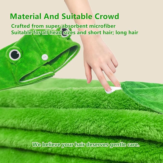2-Pack Frog Hair Turbans, Super Absorbent Microfiber Hair Towels for Long Hair, Quick Dry, Cute Animal Design, Gift for Women Girlfriend Bestie