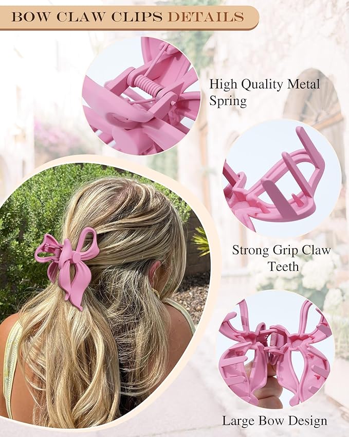 4 PCS Bow Hair Clips Bow Claw Clip for Women, Large Hair Claw Clips for Thin Thick Long Hair Cute Nonslip Bows (Blue+Pink+Green+Blue+Black)