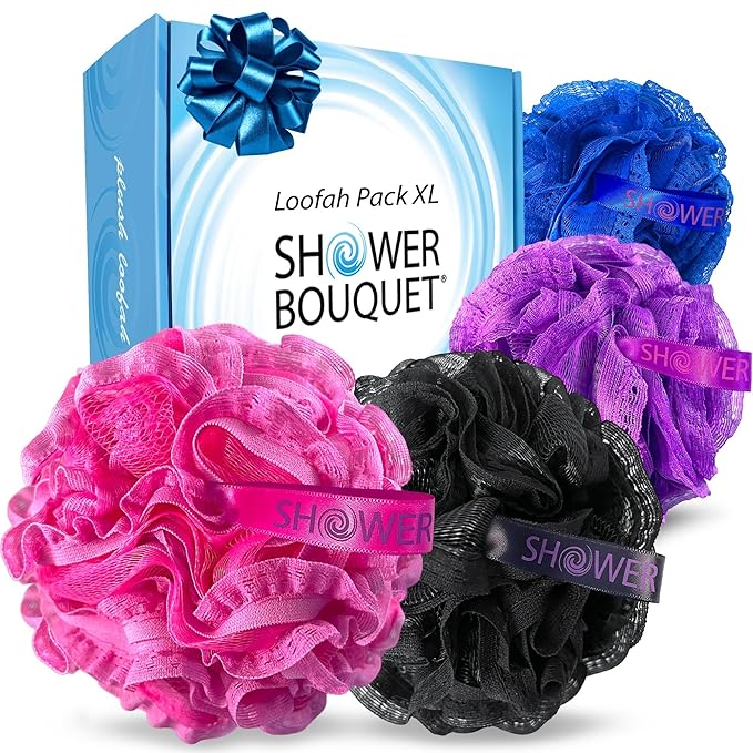 SHOWER BOUQUET Pink-Loofah-Bath-Sponge Lace-Mesh-Set // 2-Scrubs-in-1 / 60g