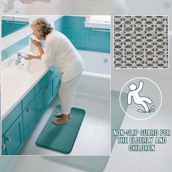 Yimobra Memory Foam Bath Mat Set 2 Piece - Super Soft Absorbent Quick Dry Bathroom Toilet Rugs, Machine Washable Non Slip Floor Carpet for Tub Shower & Single Sink (31.5x20 & 24x20, Teal)