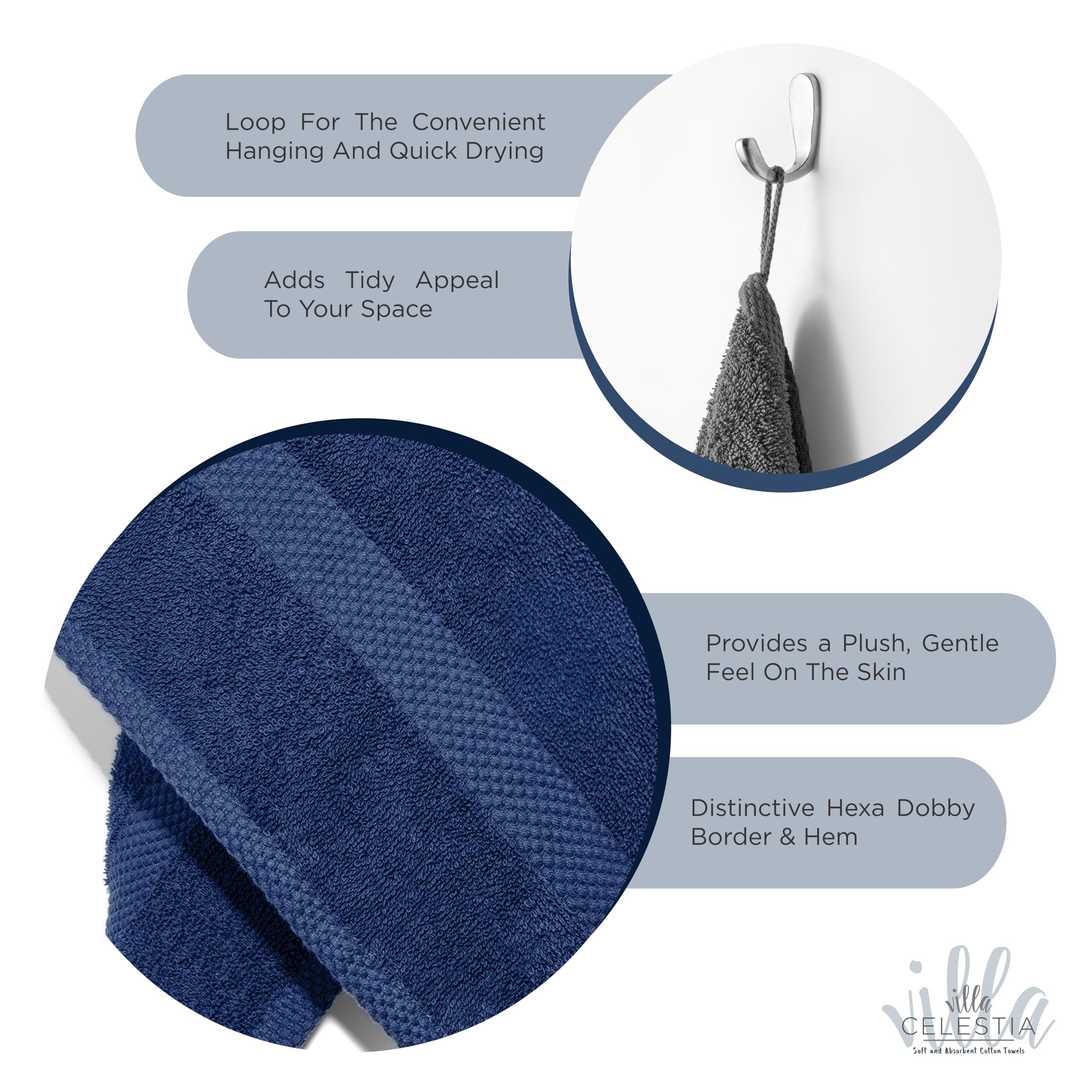 Villa Celestia Cotton Washcloths Set of 6, 12x12 Inch, 100% Ring-Spun Combed Cotton, Soft Absorbent Quick-Dry Wash Cloths for Face and Body, Oeko-TEX Certified, Hotel & Spa Quality, Navy Blue