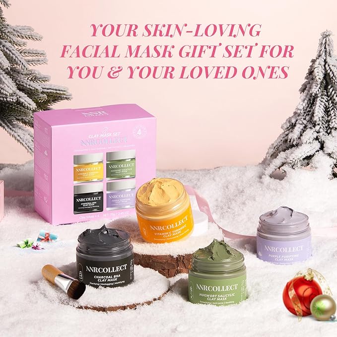 ANRCOLLECT 4-Pack Clay Face Mask Set (280g Total) - Vitamin C Turmeric, Charcoal BHA, Mugwort Salicylic & Purple Clay Masks for Deep Pore Cleansing, Oil Control & Blackhead Removal - Skincare Gift Set