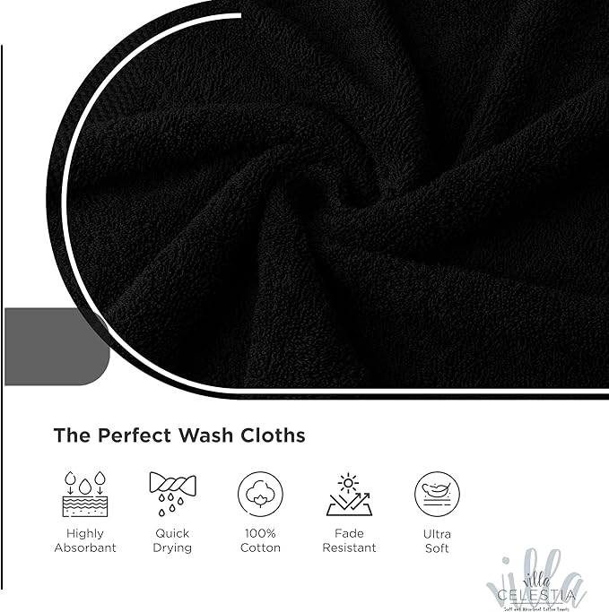 100% Cotton Wash Cloth for face & Body Set of 6, (12 x 12 inches) Sustainable, Soft, Highly Absorbent, Combed Cotton Wash Cloths Pack of 6 for Hotels, Spa, Bathroom, Dorm, Black