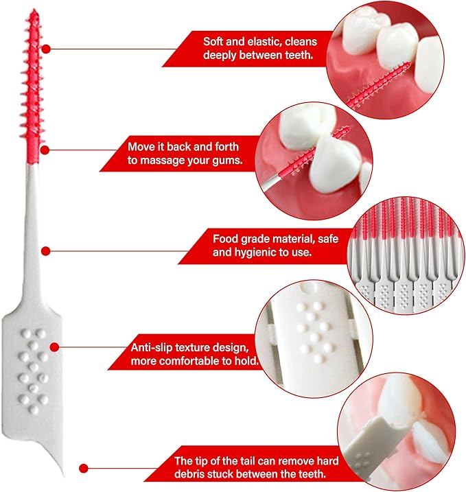 WQINX Dental Floss Picks Soft Silicone interdental Brush, Braces Brush, Floss Picks for Teeth, Disposable interdental Brush, Suitable for Cleaning Teeth Health(Red, 160pcs)