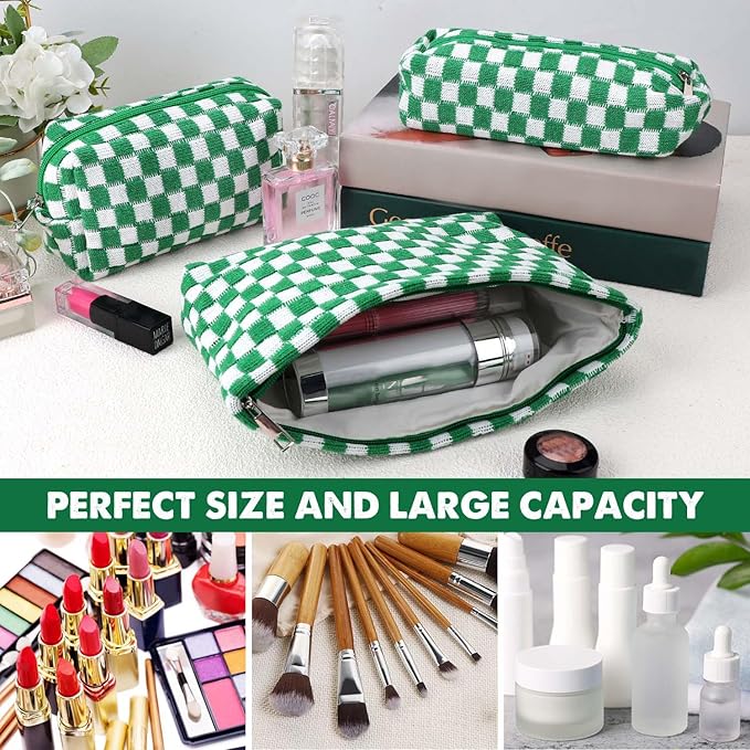Gocvo 3 Pcs Makeup Bag Cosmetic Bag Set for Girls Women Checkered Travel Organizer Bathroom Toiletry Pouch Large Capacity Storage Bag(Green-White)