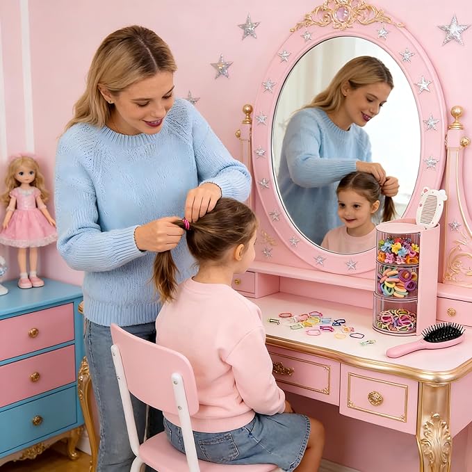 Hair Accessories Organizer with Hair Brush Holder, Rotatable Makeup Brush Holder for Necklaces, Earring, Bracelet, Ring, Makeup Brushes, Hair Clip and Hair Accessories (Pink, 3-Layer)