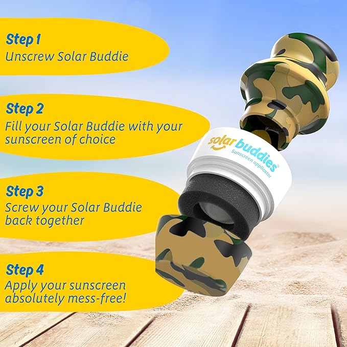 Solar Buddies Sunscreen Applicator - Camo Single - Refillable Roll on Sponge Sunscreen, Suncream & Lotion Applicator For Kids, Adults & Families - Holds 3.4fl oz, Perfect Size for Travel