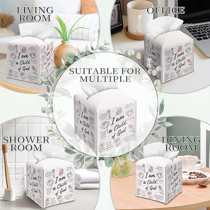 Inspirational Christian Tissue Box Cover Square, Religious Bible Verse Leather Tissue Box Holder, Religious Gifts for Women, Paper Facial Tissue Box Covers Cube for Office Bathroom Home