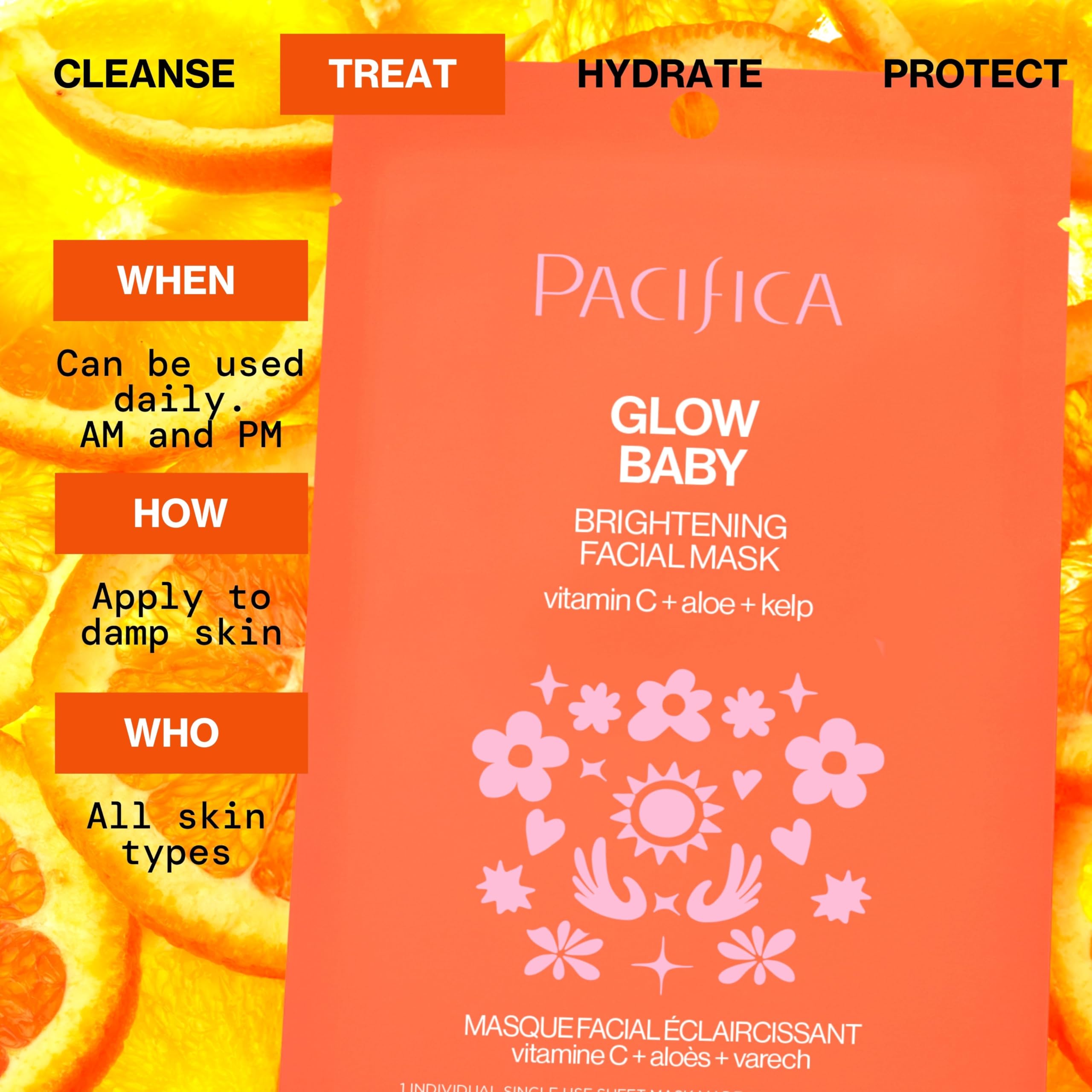 Pacifica Glow Baby Brightening Vitamin C Face Mask 4-Pack – Hydrating Serum-Soaked Sheet Mask for Glowing Skin, Fights Dullness & Dark Spots, Infused with Aloe & Kelp, 100% Vegan & Cruelty-Free