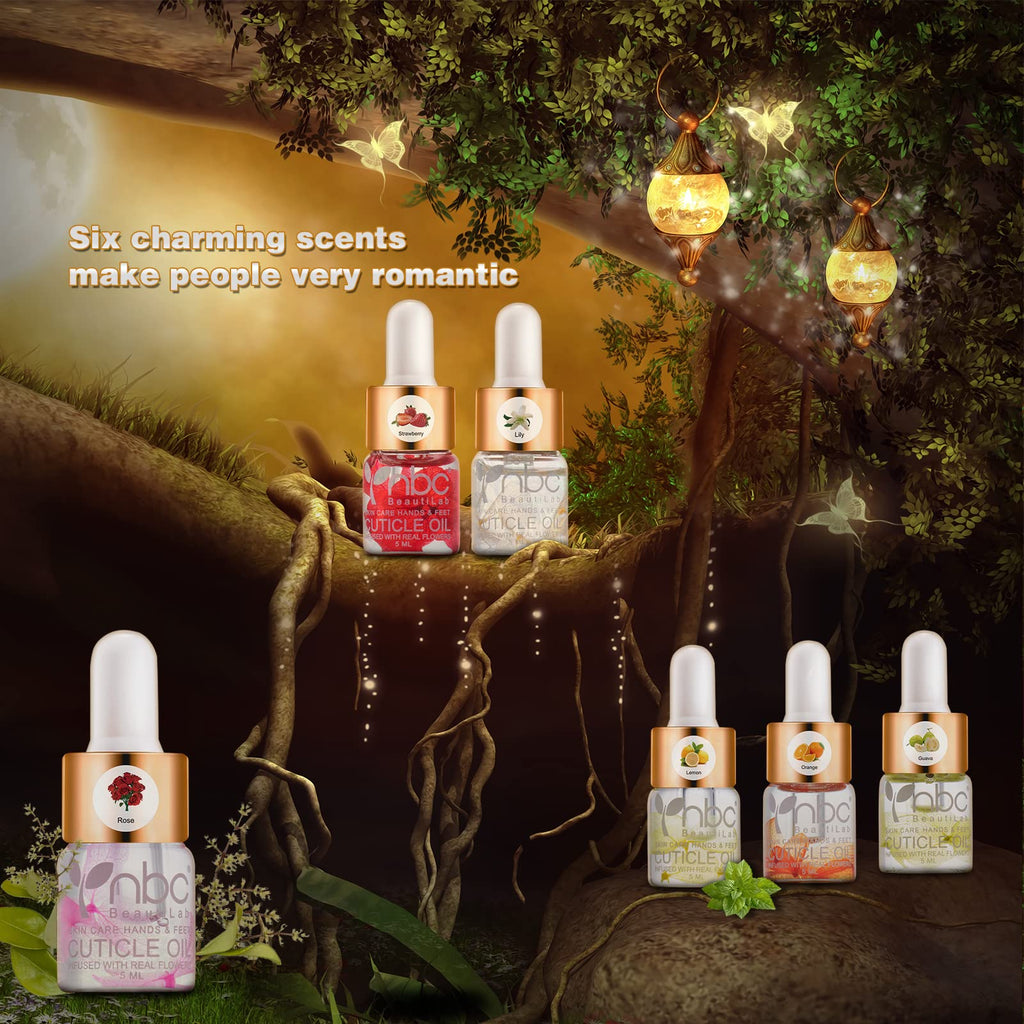 NBC BeautiLab Cuticle Oil Set - 6pcs with Flowers, Vitamin E for Nail Repair & Strengthening