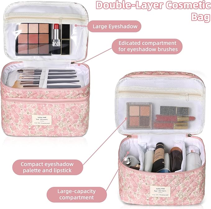 Gosect Makeup Bag, Portable Travel Make up Bag, Large Capacity Quilted Cosmetic Organizer Bag, Cute Floral Toiletry Bag for Women Girls (Pink Floral)