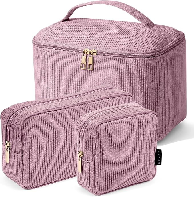 MAGEFY Makeup Bag, 3 Pcs Cosmetics Bag Large Capacity with Handle Make Up Bag for purse Corduroy Bag Pouch for Purse Travel Makeup Organizer Bag-Pink