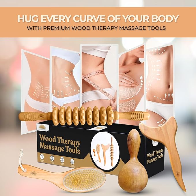 Nuddspa Wood Therapy Massage Tools 4 Pcs, Lymphatic Drainage Massager, Maderoterapia Kit, Anti Cellulite Complete Body Sculpting Tools for Total Relaxation & Relief (4 Pack)