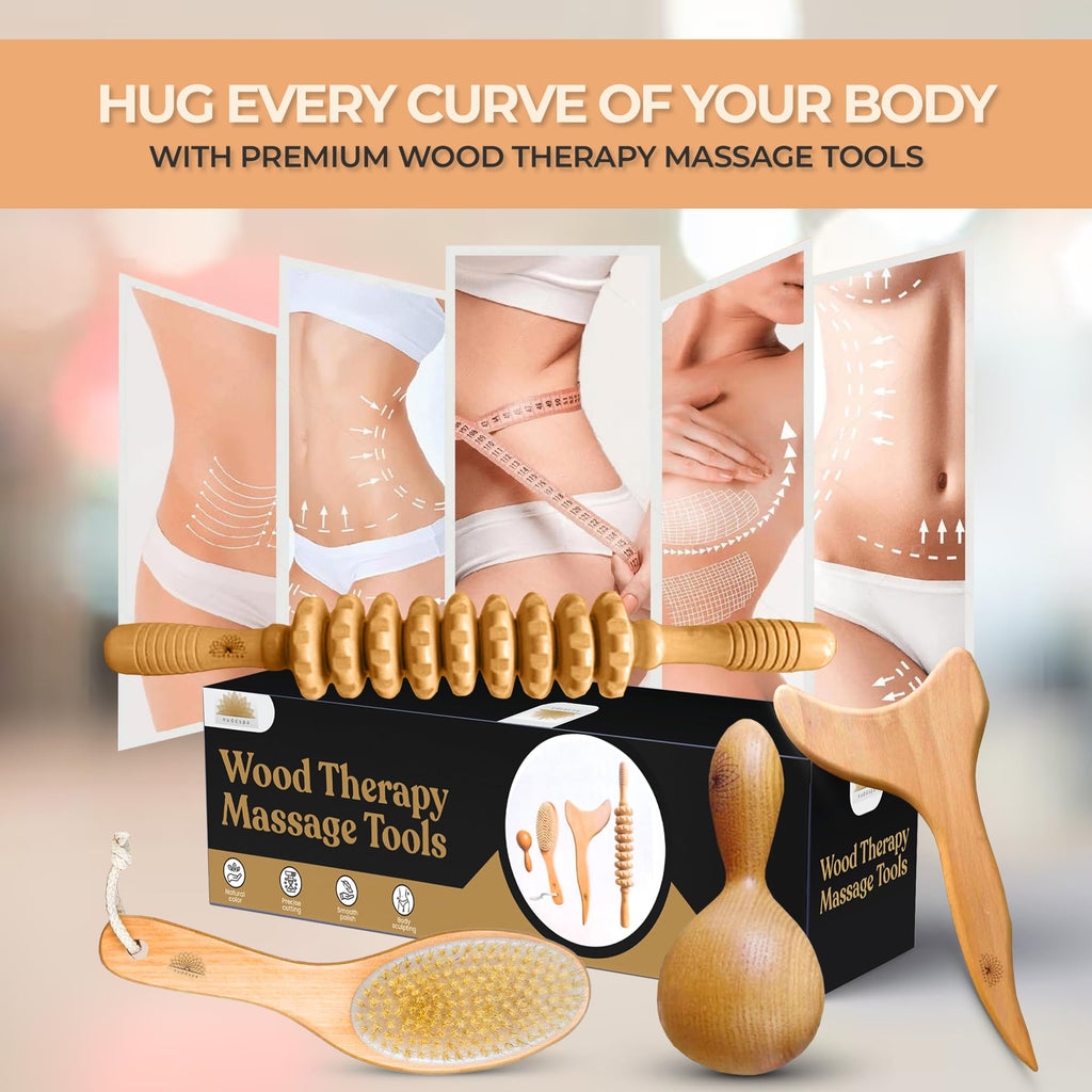 Nuddspa Wood Therapy Massage Tools 4 Pcs, Lymphatic Drainage Massager, Maderoterapia Kit, Anti Cellulite Complete Body Sculpting Tools for Total Relaxation & Relief (4 Pack)