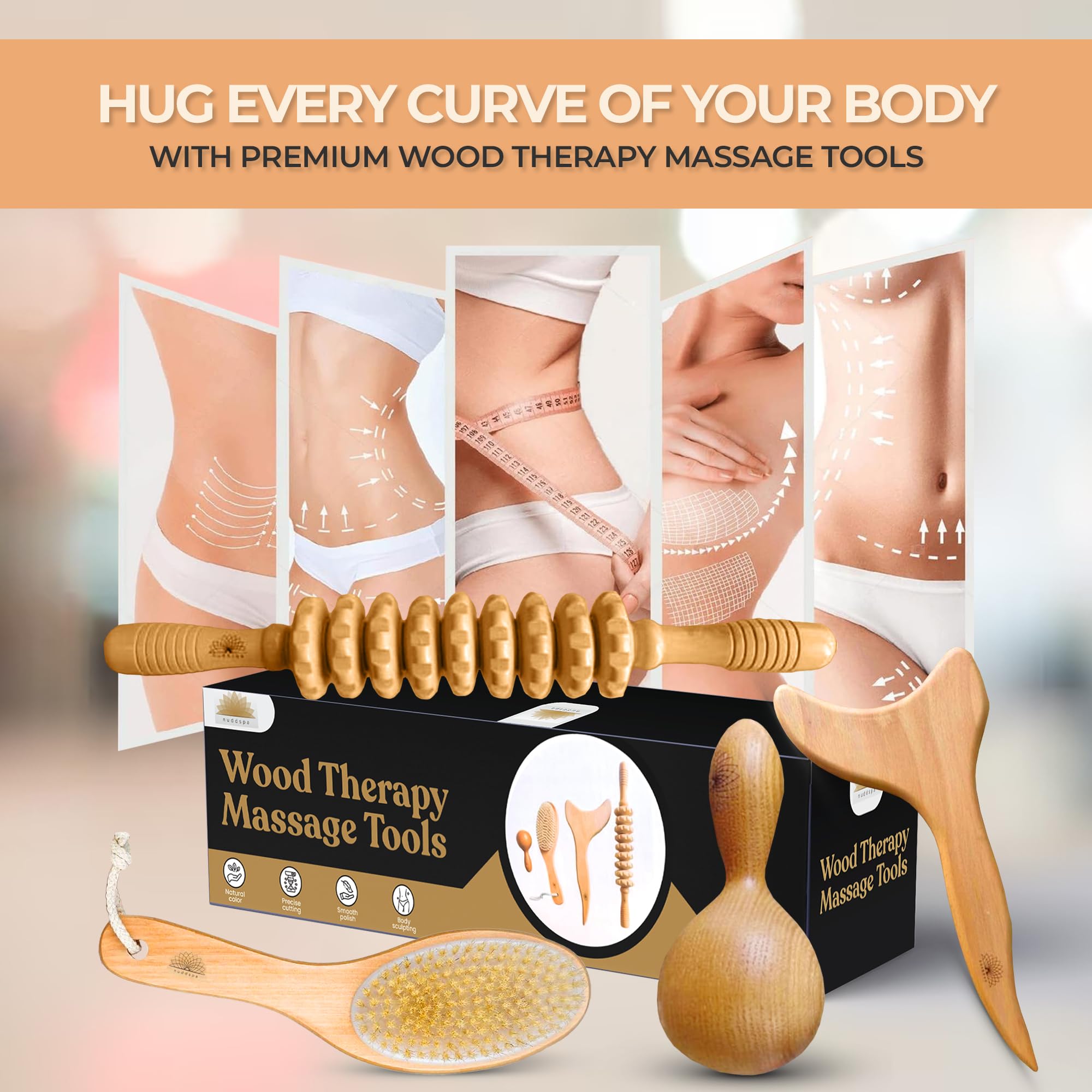 Nuddspa Wood Therapy Massage Tools 4 Pcs, Lymphatic Drainage Massager, Maderoterapia Kit, Anti Cellulite Complete Body Sculpting Tools for Total Relaxation & Relief (4 Pack)