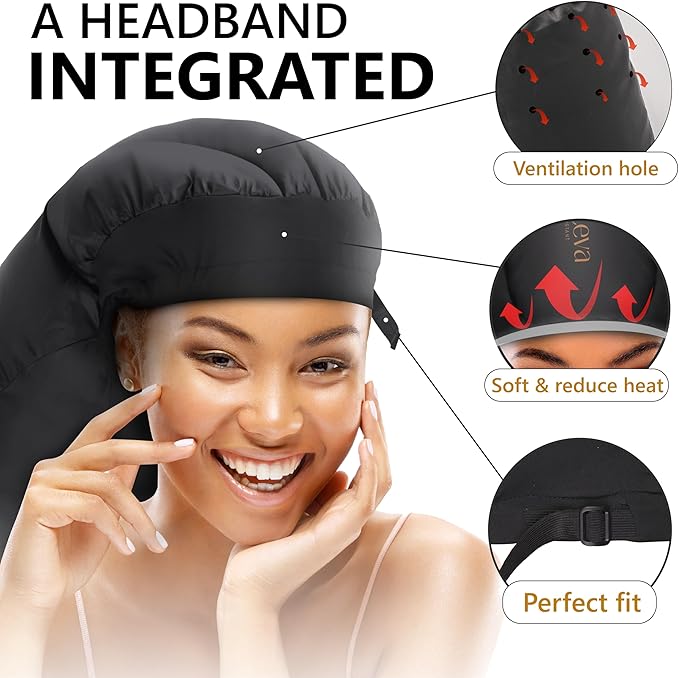 Large Bonnet Hair Dryer Attachment for Locs, Dreadlocks & Natural Curly Hair – XL Soft Satin Hooded Bonnet w/Integrated Headband, Reduces Heat on Ears & Neck, Fast Drying & Deep Conditioning