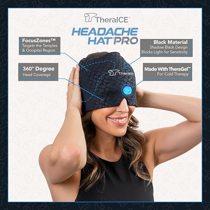 TheraICE Migraine Relief Cap PRO, Headache Relief Cap, Ice Face Mask, Cold Compress Head Wrap for Tension Headache Relief, Stress & Hangover, FocusZone Technology Provides Extra Cooling & Pressure