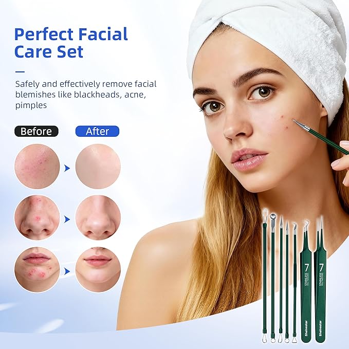 Pimple Popper Tool Kit, 7 Pcs Blackhead Remover Comedone Extractor, Green
