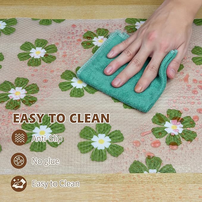 Drawer and Shelf Liner for Kitchen Cabinet,Non-Adhesive Waterproof EVA Drawer Liner for Dresser & Bathroom Vanities with Cutting Tool(12 in X 10 Ft Green Chrysanthemum)