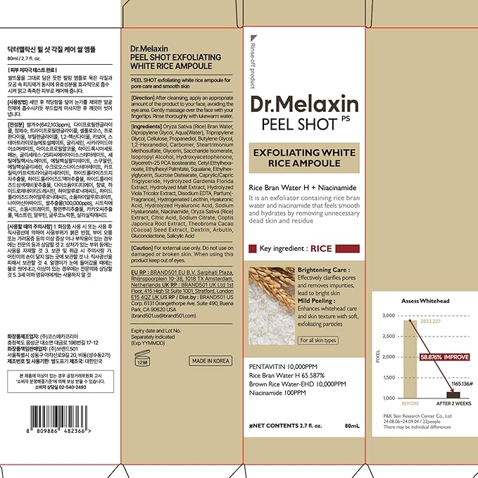 Dr.Melaxin Peel Shot Glow White Rice Peeling Ampoule with Rice Extract & AHA BHA, Brightening & Gentle Exfoliating Serum for Sebum Control, Niacinamide & Hyaluronic Acid, Korean Skincare, 2.71 fl.oz