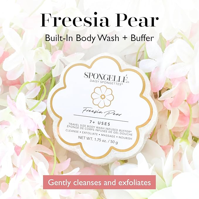 Spongellé Freesia Pear Daisy Spongette Bath Sponge | Built-in Body Wash & Body Scrubber, Shower Loofah Sponge for Women, Travel Essentials | 7+ uses