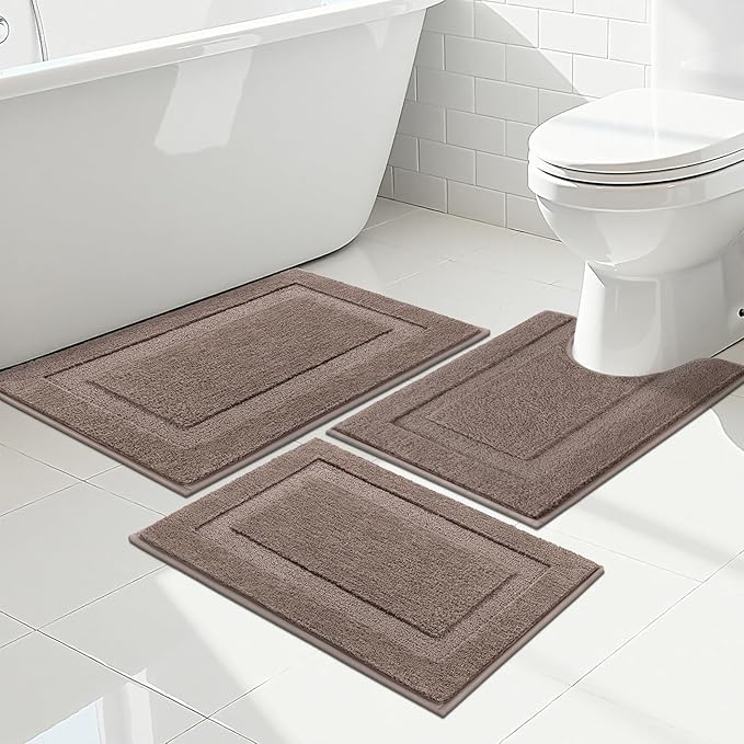 SHACOS Coffee Brown Bathroom Rugs Sets 3 Piece Bath Mat U Shaped Toilet Rug