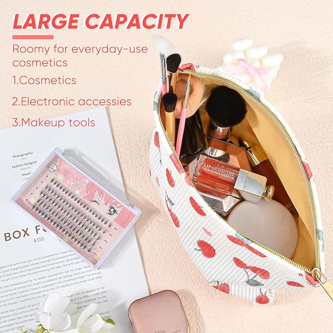 Ksriylm Cute Makeup Pouch for Women Cherry Small Make Up Bag for Purse Zipper Initial Cosmetic Bags Pouches for Purse Aesthetic Travel Toiletrybags, Red Cherries