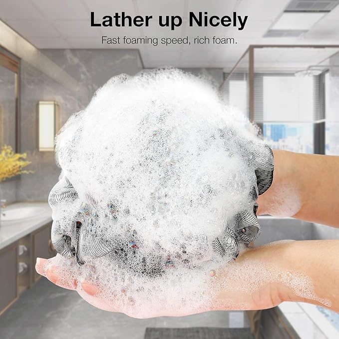 DadyMart Bath Shower Loofah Sponge 60g Bath Mesh Pouf Shower Ball Body Scrubber Exfoliating Bath Sponge for Women and Men, Set of 4, Black