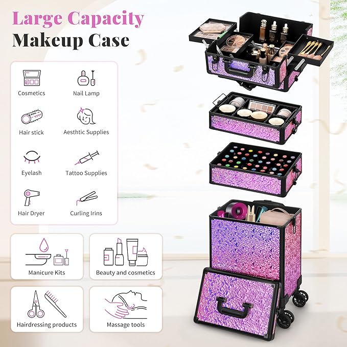 JINGUAN Professional Rolling Makeup Train Case with Lid, 5 in 1 Cosmetology Case on Wheels, Large Cosmetic Trolley Organizer Travel for Hairstylist Artist Nail Beauty Salon Barber, Gravel Pink