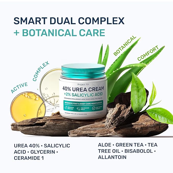 Urea Cream 40 Percent for Feet Maximum Strength, Callus Remover Foot Cream, Dry Cracked Heels Exfoliating Lotion with Salicylic Acid, Ceramides, Tea Tree Oil – Women and Men, 4.3 oz