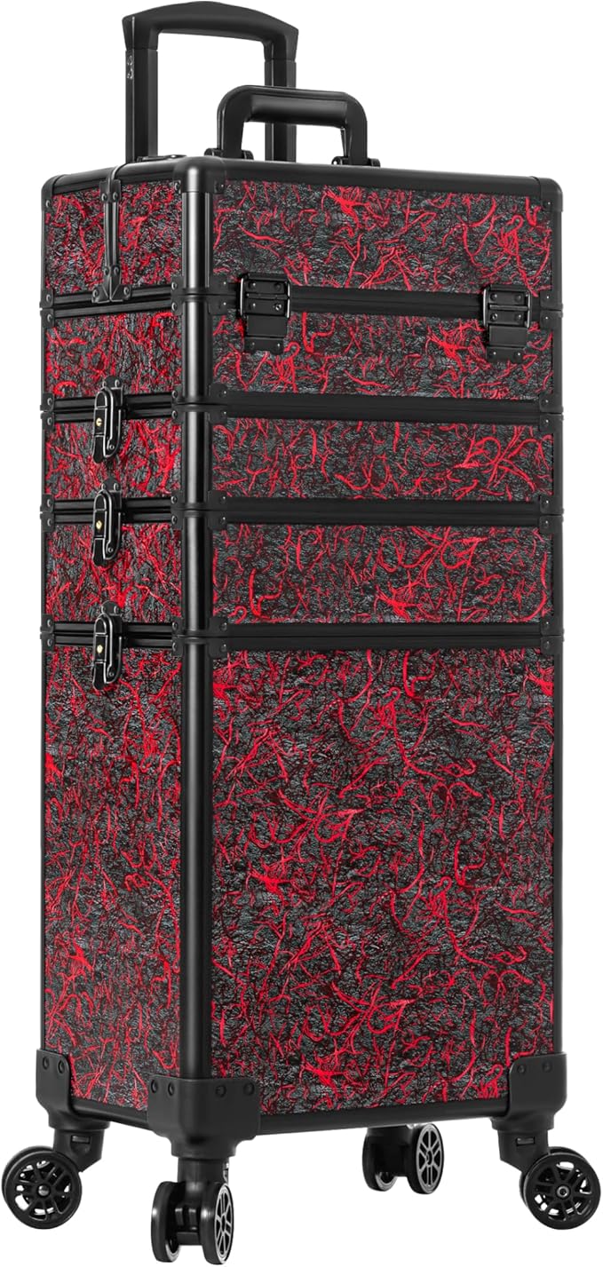 JINGUAN Professional Rolling Makeup Train Case with Lid, 5 in 1 Cosmetology Case on Wheels, Large Cosmetic Trolley Organizer Travel for Hairstylist Artist Nail Beauty Salon Barber, Red