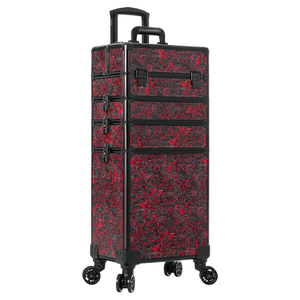 JINGUAN Professional Rolling Makeup Train Case with Lid, 5 in 1 Cosmetology Case on Wheels, Large Cosmetic Trolley Organizer Travel for Hairstylist Artist Nail Beauty Salon Barber, Red
