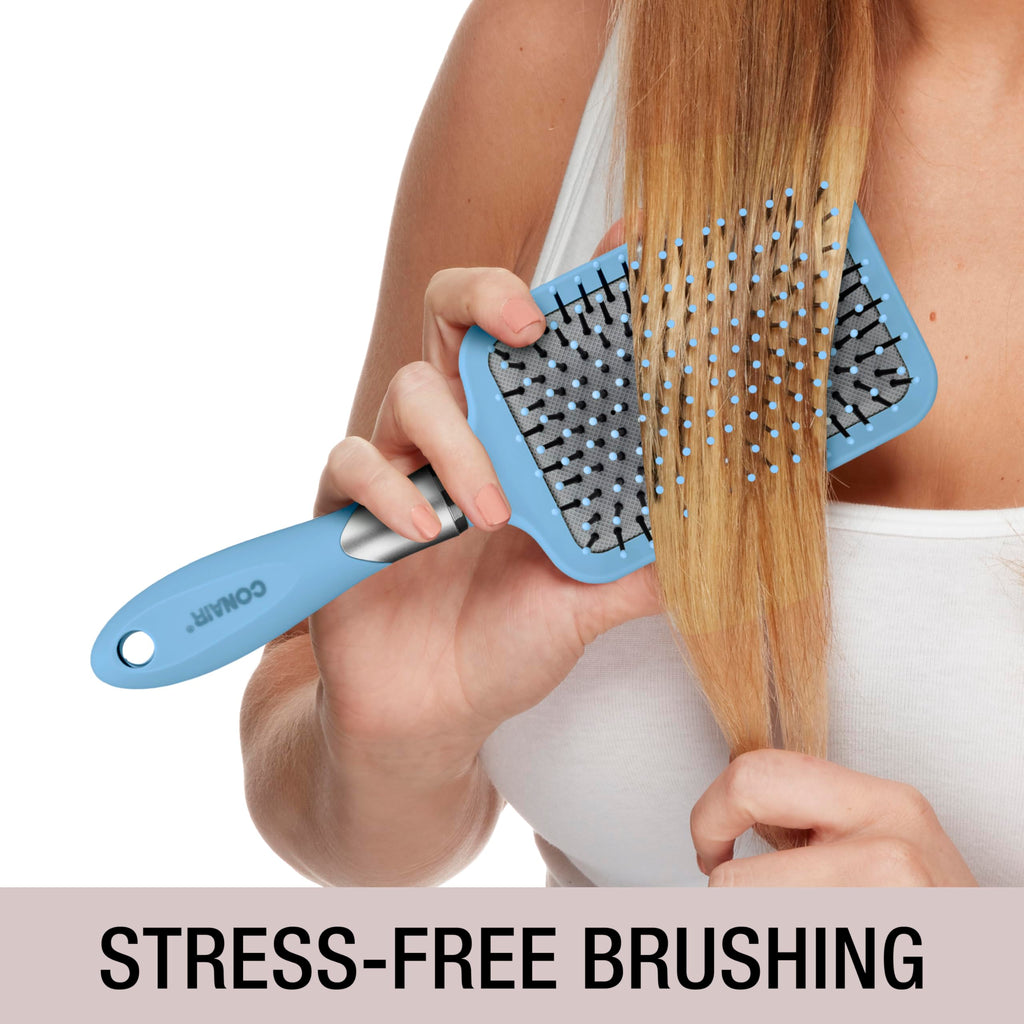 Conair Velvet Touch Paddle Cushion hair brush - Detangling hairbrush - curly or straight styles - men or women - detangler - features soft touch handle - Sky Blue