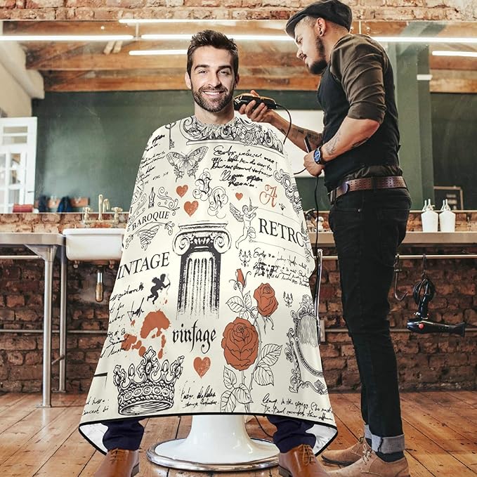 visesunny Barber Cape Vintage Style Red Rose And Art Object Polyester Hair Cutting Salon Cape Apron Anti-Static Haircut Water-Resistant Shaving Cloth Beard Shaving Bib Hairdressing Cape