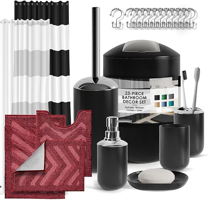Clara Clark Bathroom Accessories Set - 23PC Shower Curtain Set with Bathroom Trash Can, Green Bathroom Set, Bathroom Sets with Shower Curtain and Green Rugs