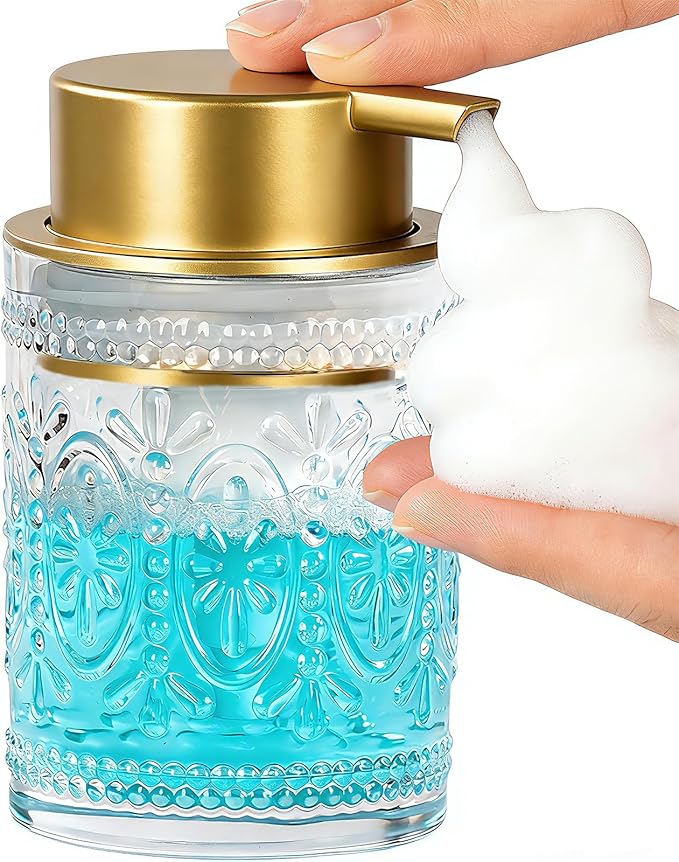 AZMOYAC Glass Foam Soap Dispenser, 8 Oz Face Wash Dispenser for Bathroom, Vintage Glass Clear Foaming Hand Soap Dispenser, Small Refillable Lotion Dish Dispenser for Kitchen (Matte Golden-8 OZ)
