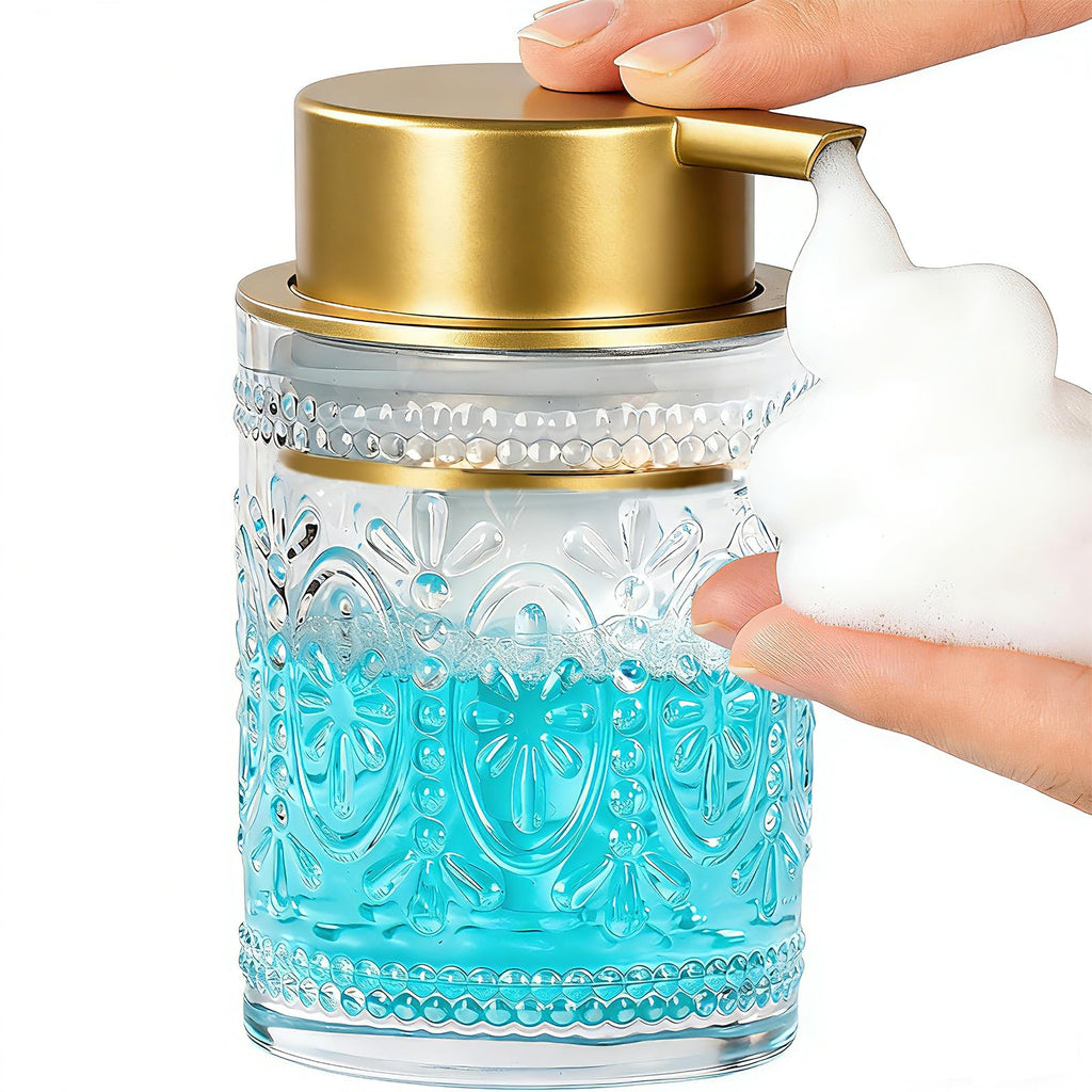 AZMOYAC Glass Foam Soap Dispenser, 8 Oz Face Wash Dispenser for Bathroom, Vintage Glass Clear Foaming Hand Soap Dispenser, Small Refillable Lotion Dish Dispenser for Kitchen (Matte Golden-8 OZ)