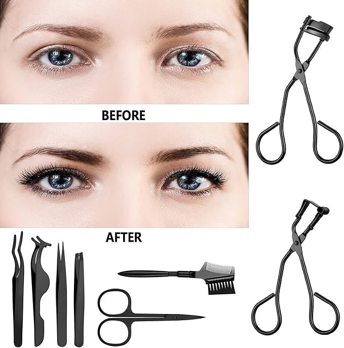 Mudder 48 Pcs Eyelash Curler Makeup Tools Set, Include Mini Eyelash Curler Kit, Eyebrow Extension Tweezers, Brush Comb and Scissors, Silicone Refill Pads, Black