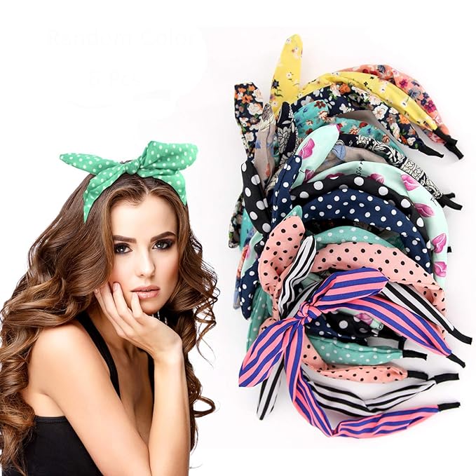 eyxformula 6 Pcs Colorful Headbands, Fashion Floral Polka Dot Stripe Bow Headbands Randomly, Lovely Ears Hairbands Knot Hair Bands Hair Accessories for Women, Girls