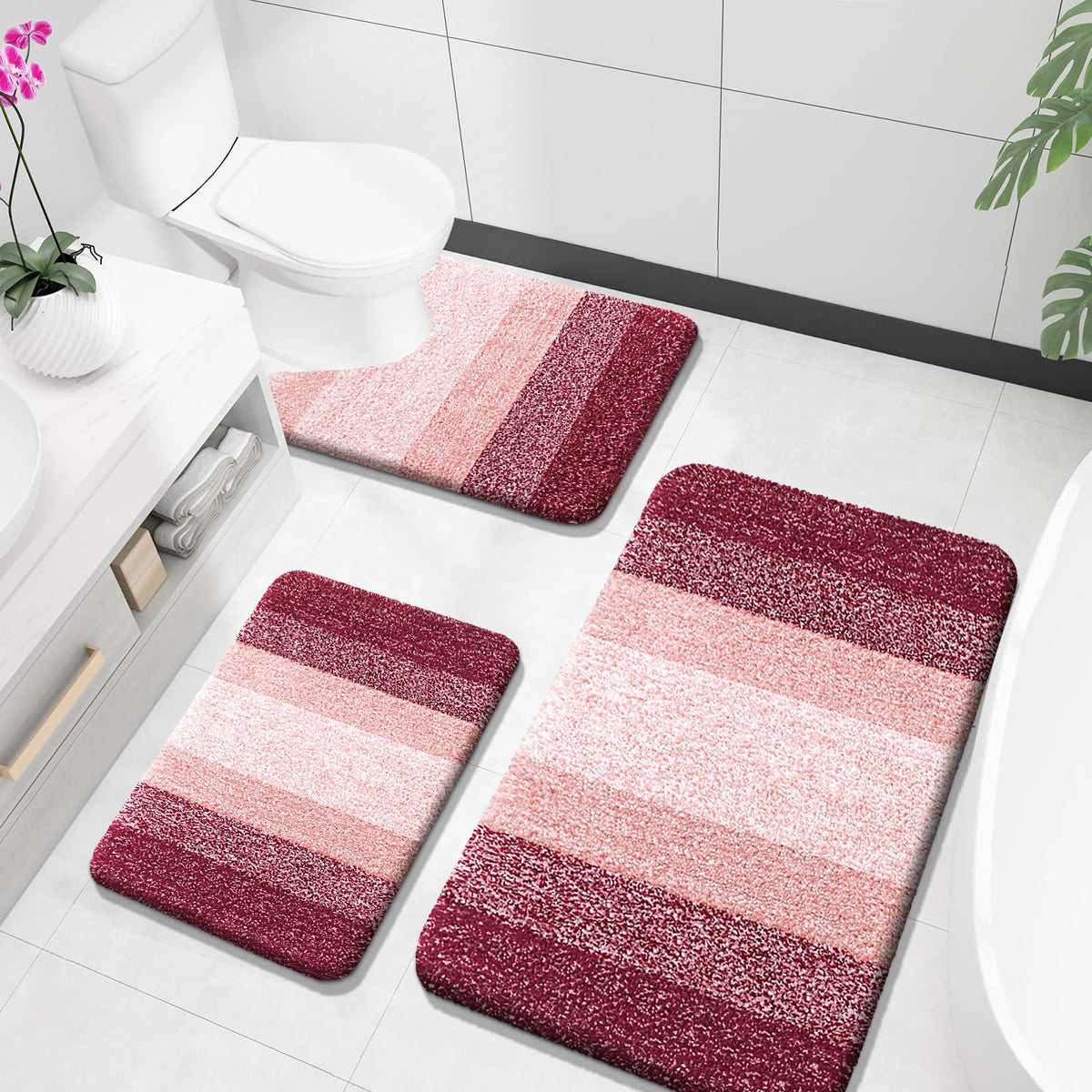 OLANLY Microfiber Bathroom Rugs Sets 3 Piece, Absorbent Bath Mats, Mauve