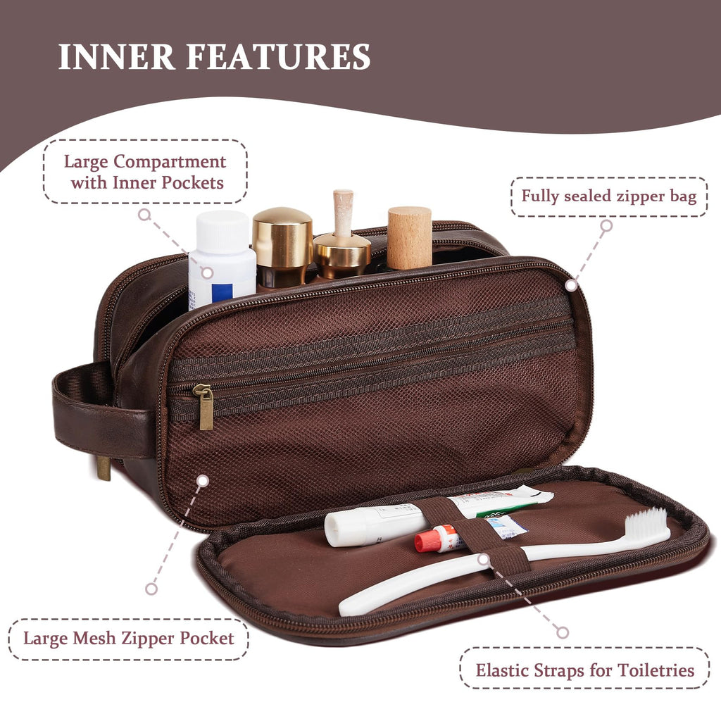 Travel Toiletry Bag For Mens PU Leather Engraved Initials (Dark Brown Q)