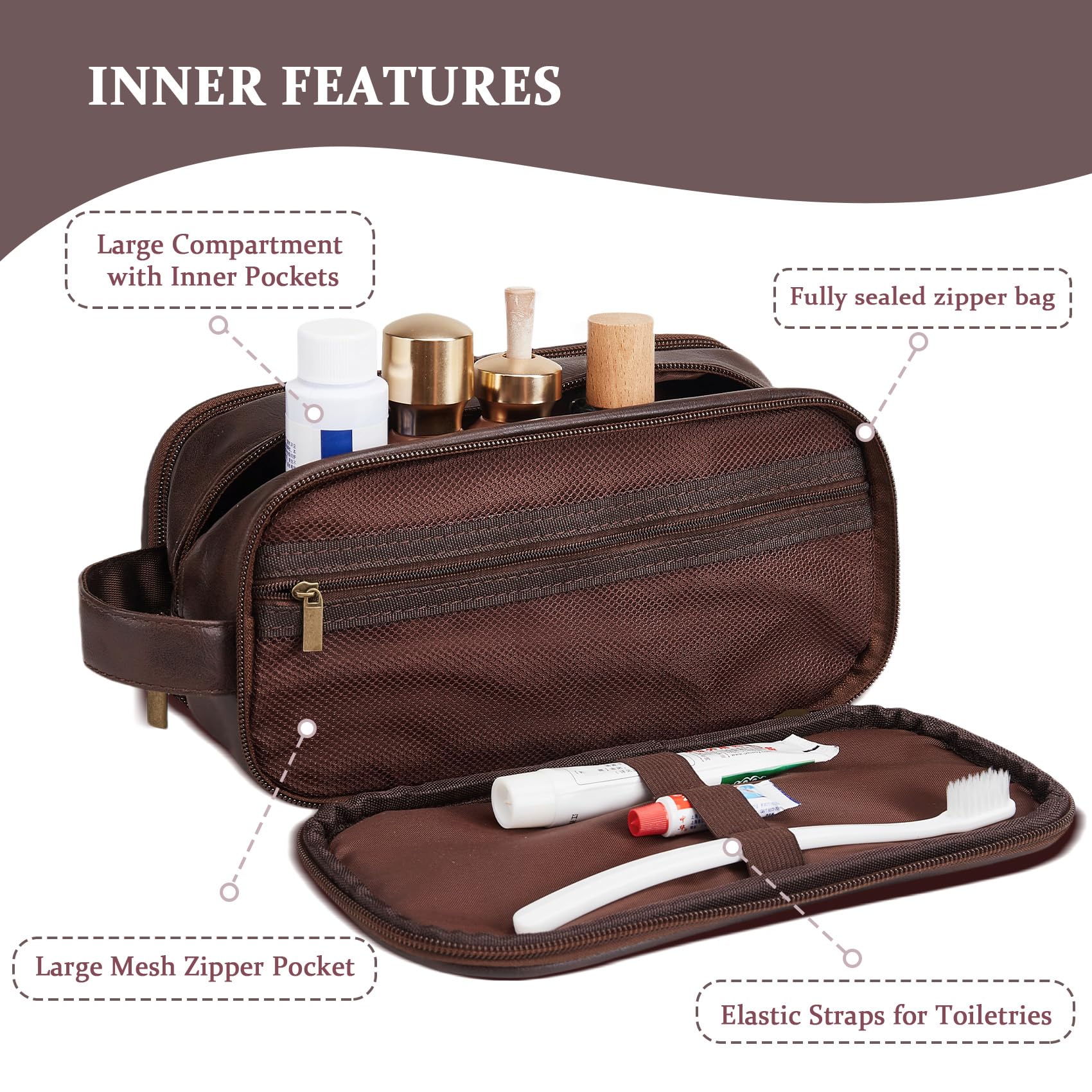 Travel Toiletry Bag For Mens PU Leather Engraved Initials (Dark Brown Q)