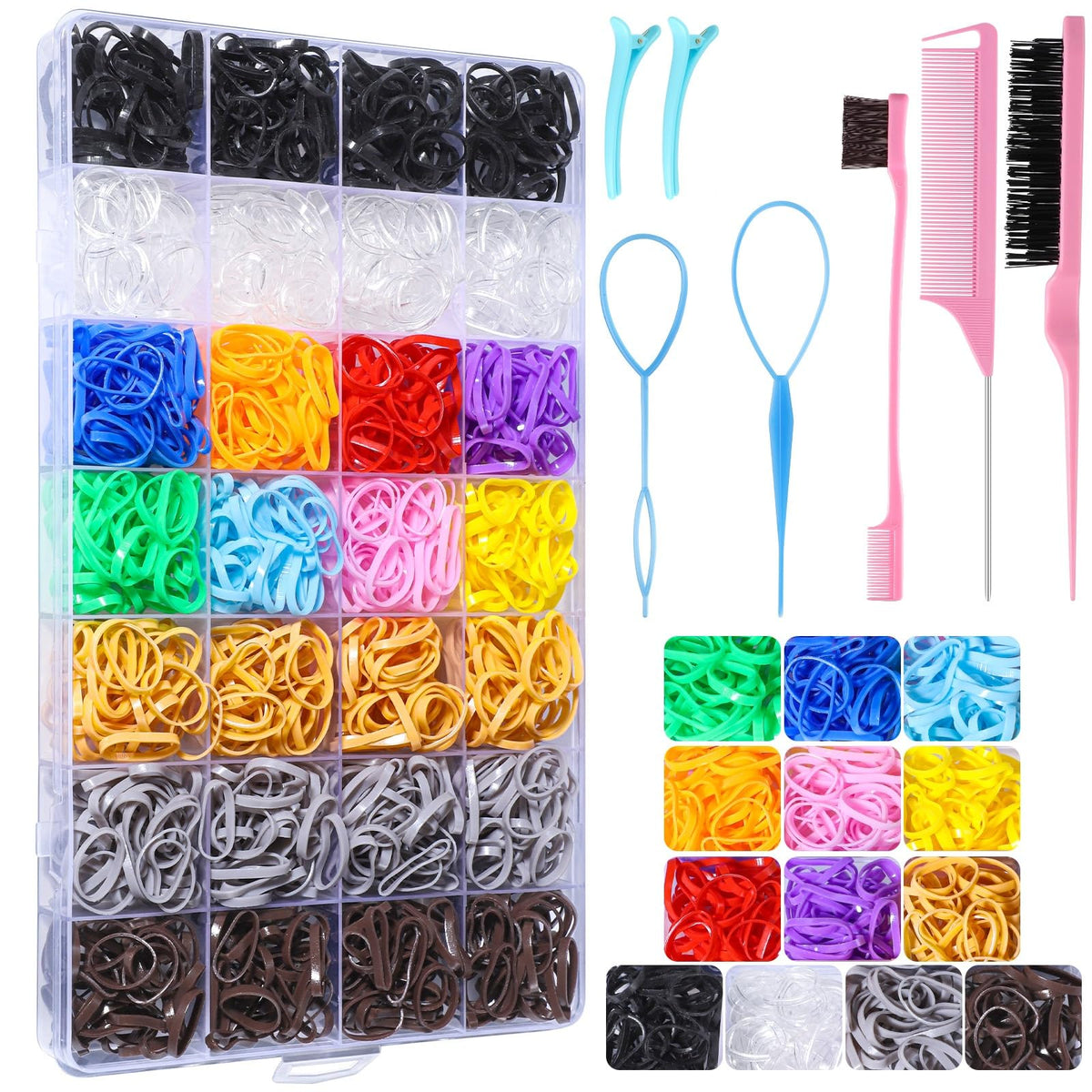 Neutral Colors Rubber Bands with Hair Styling Tools, 1500 Pcs Elastic Ties for Baby, Toddler Hair Accessories, Gift Stocking Stuffers for Girls Women