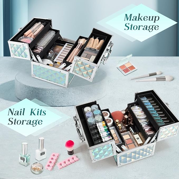 FRENESSA RENESSA Makeup Train Case Portable Makeup Case Organizer Cosmetic Box Make Up Box Makeup Organizer Cosmetic Storage Cases with Locking Nail Kit Organizer Travel Case Shiny Blue