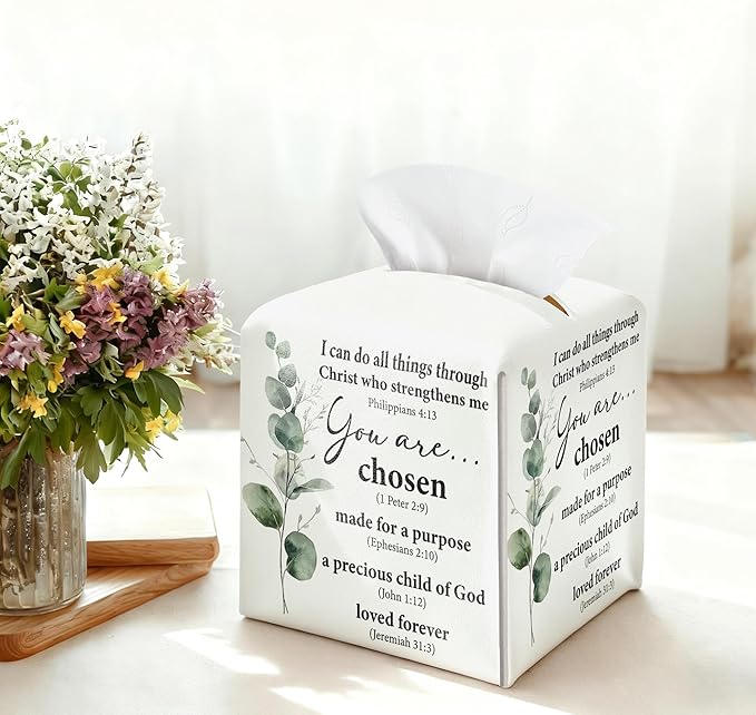 Inspirational Christian Tissue Box Cover Square, You are Chose Leather Tissue Box Holder, Religious Gifts for Women, Eucalyptus Paper Facial Tissue Box Covers Cube for Office Bathroom Home