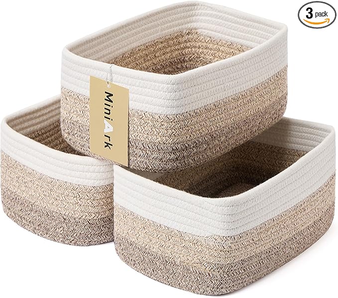 Small Storage Baskets for Organizing | Closet Organizer Bins | Shelf Toy Basket | Woven Rope Baskets | Cube Decorative Box | Shallow Basket |11.5x7.5x4.7”| 3 Packs Gradient Brown