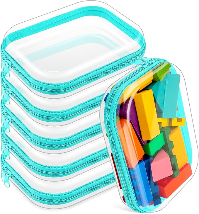 Sanwuta 6 Pcs Clear Hard Zipper Case Plastic Zipper Pouches Transparent Makeup Bag Pencil Case Pouches Toiletry Diaper Bag for Travel Toy Storage Organizer Bins(Teal,7.87 x 5.9 x 2 Inch)
