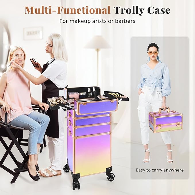 JINGUAN Professional Rolling Makeup Train Case with Lid, 5 in 1 Cosmetology Case on Wheels, Large Cosmetic Trolley Organizer Travel for Hairstylist Artist Nail Beauty Salon Barber, Colorful