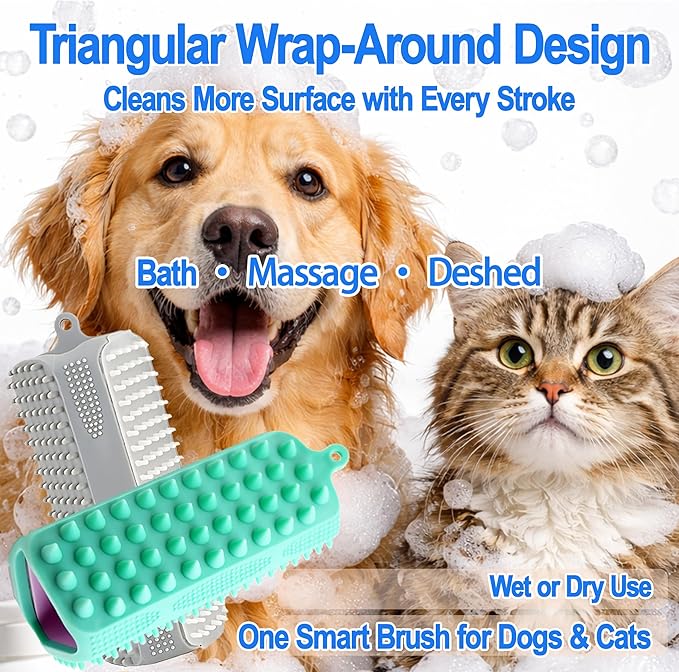 3-in-1 Triangular Dog Bath Brush for Dogs & Cats, Silicone Pet Grooming Brush with Deshedding Bristles, Massage Cones & Deep Cleaning Nubs, Black