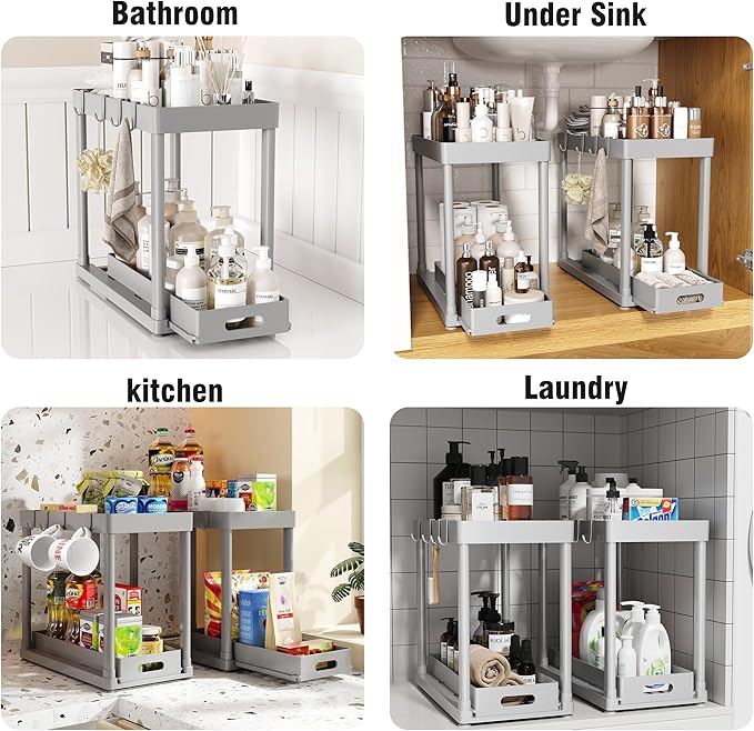 POUGNY 2 Pack Pull-Out Storage Organizers, Under Sink Organizer and Storage for Bathroom & Kitchen,Multi-Purpose Under Cabinet Organizers and storage Black